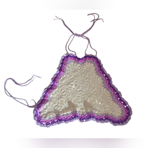 Handmade White Crochet Halter Crop-Top Floral Hand Knit Triangular Shape Purple - Picture 10 of 17